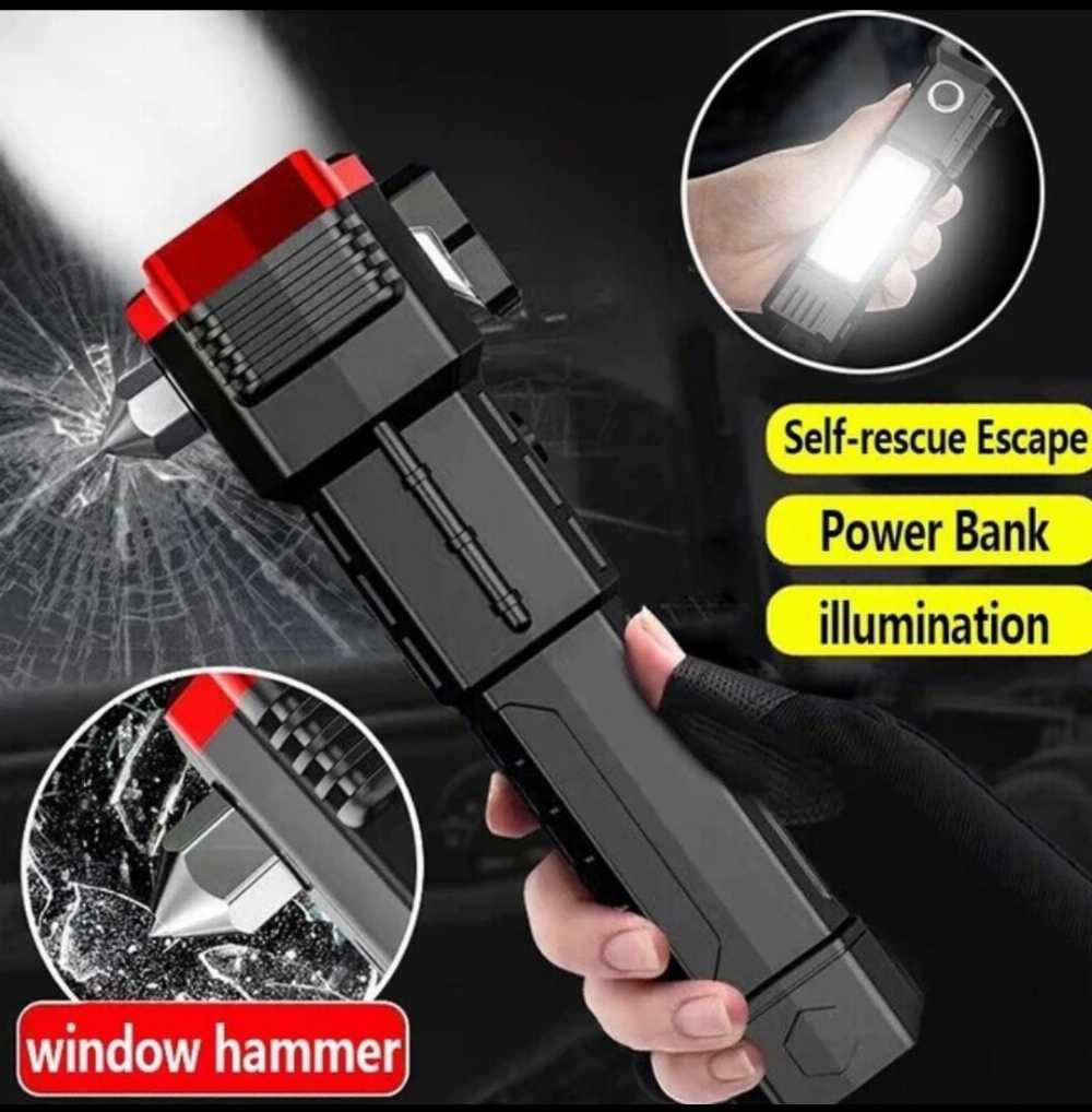 Emergency Survival Torch with Rechargeable LED Flashlight, Glass Breaker, Cutter Blade – Ideal Car Safety Tool for Night Travel or Rescue